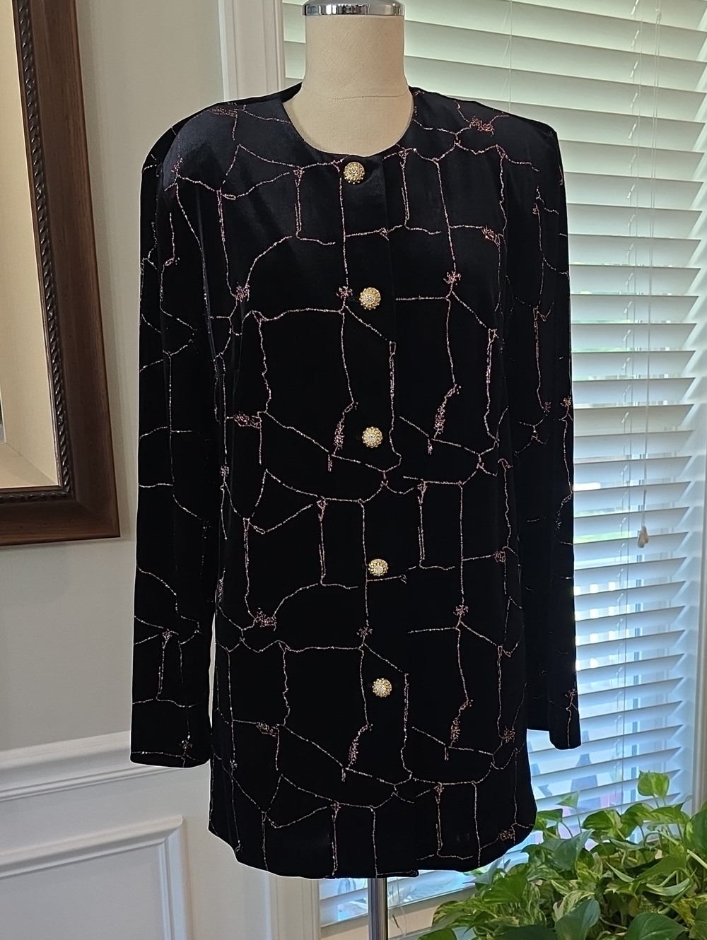 R&M Richards Black Velvet Long Sleeve Dress with Pink Metallic Stitching